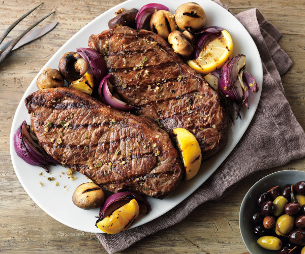 Grecian Beef Strip Steaks & Mushroom Kabobs Blue Rhino