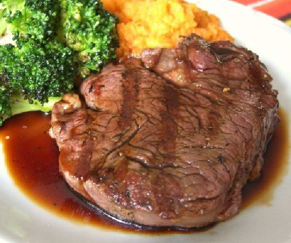 Espresso Bourbon Steak with Mashed Sweet Potatoes Blue Rhino