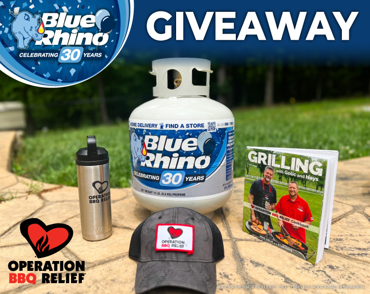 Operation BBQ Relief water bottle, hat and cookbook, and a Blue Rhino tank on a concrete patio, with grass in the background.