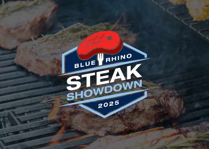 Steaking being cooked on a gas grill with the contest logo overlayed.