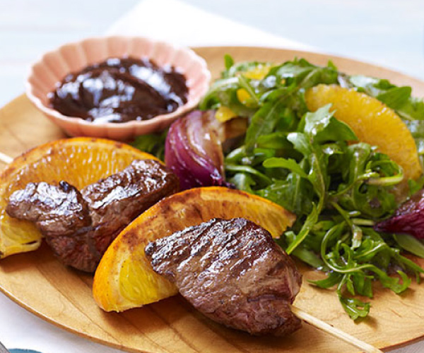 Spiced Lamb Kabobs & Orange, Onion & Arugula Salad
