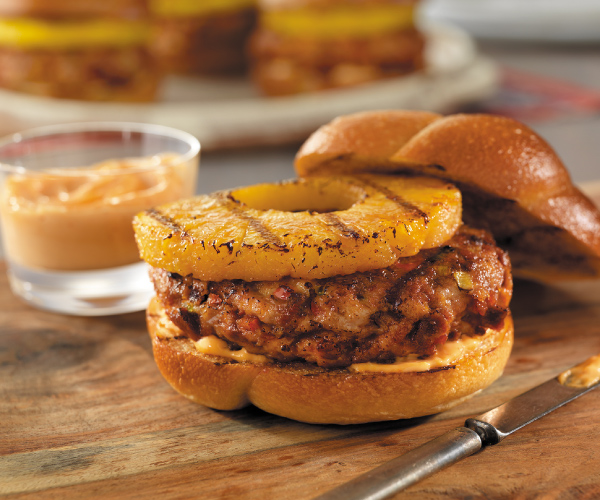 Pork and Chorizo Burgers with Pineapple and Sriracha Recipe