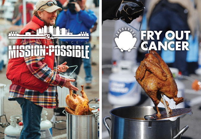 Turkey frying images with the Tracy Lawrence Mission Possible Turkey Fry and Fry Out Cancer logo.