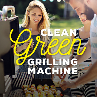 Man grilling kabobs on standup propane grill, with two woman standing to the side of the grill.