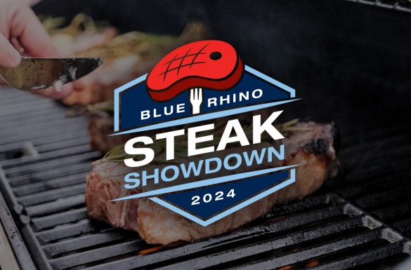 Steaking being cooked on a gas grill with the contest logo overlayed.