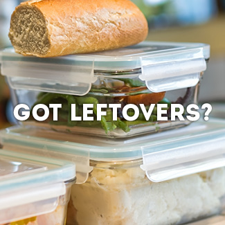 Closeup of leftovers in glass containers.