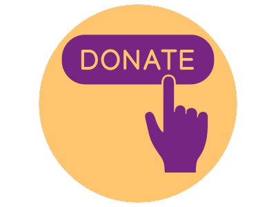 Orange circle with a purple hand pointing at purple box with DONATE in it.