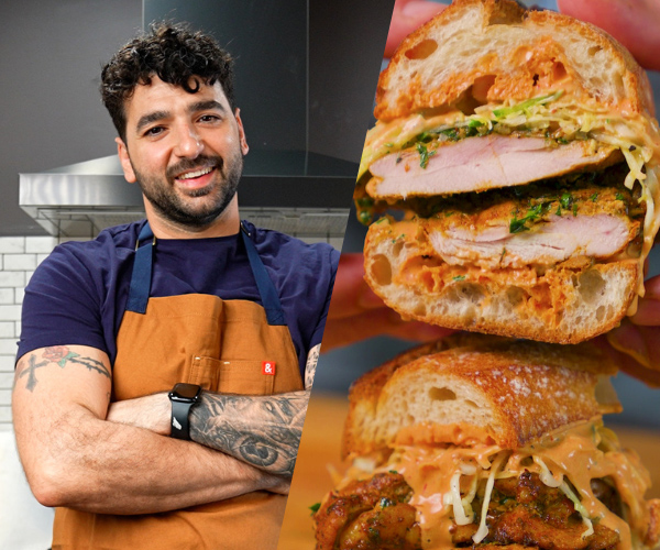 On the left, a man standing outdoor wearing an apron with arms crossed; on the right a picture of a finished meal.