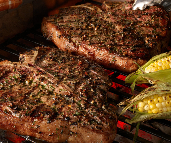 Grilled Porterhouse Steaks with Garlic-Herb Peppercorn Crust Recipe | Blue Rhino
