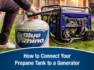 A man connecting a fresh Blue Rhino propane tank to a propane generator outside on a lawn.