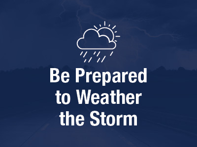 Cloud with rain and run with the words Be Prepared to Weather the Storm in front, with a blue background.