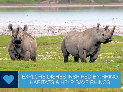 Two black rhinos in the grass with a lake in the background.