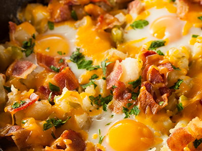 Closeup of finished breakfast skillet.