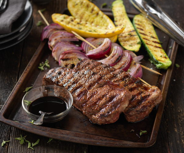 Beef Strip Steaks with Balsamic Grilled Vegetables Recipe | Blue Rhino