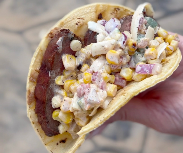 Person holding a finished streak street taco outside in the backyard.