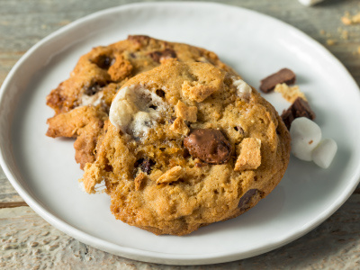 Two s'mores chocolate chip cookies on a white round plate with a could of small marshmallows and chocolate chips, sitting on a rank table.