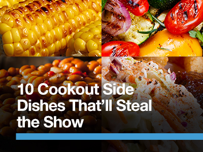 Picture of finished grilled corn, grilled vegetables, grilled beans, coleslaw.