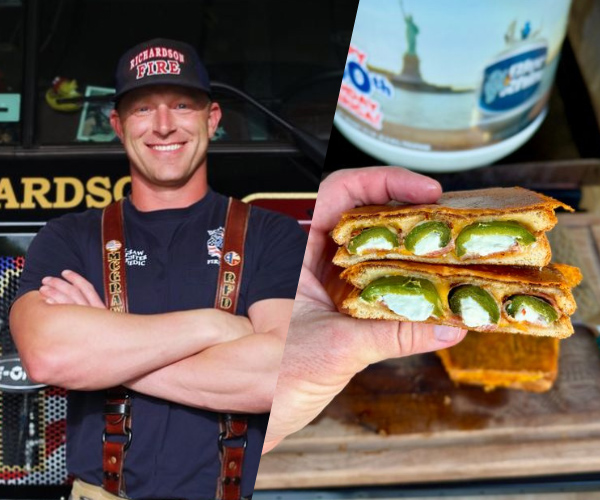 A picture of a man in a fire fighters uniform, with a picture of meal on the right.