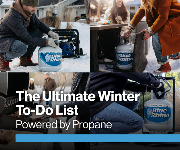 Four scenes of a propane tank being used outdoors during the winter.