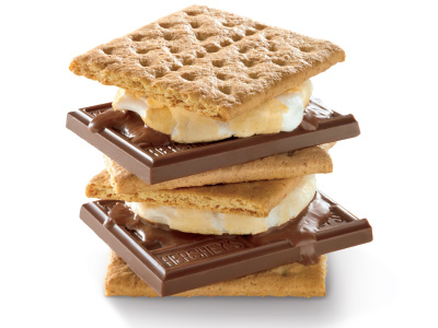 Two s'mores stacked on top of each other with a white background.