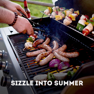 Sausages in a star burst shape on a gas grill, with kabobs on the warming rack.
