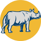Orange circle with a line drawing of a rhino in it.