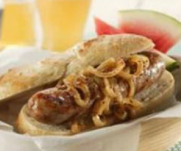 Grilled Bratwurst with Onions Braised in Beer and Mustard Recipe | Blue Rhino