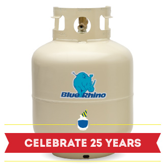 A picture of a fresh Blue Rhino propane tank from 1994 on a white background, with graphic overlay of "Celebrate 25 Years."