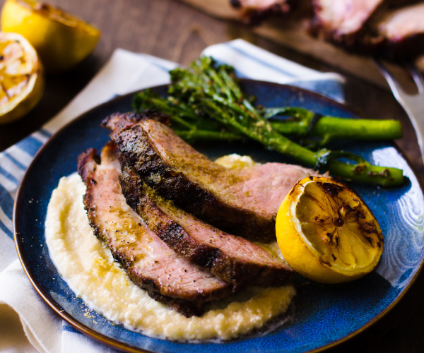 Grill-Roasted Pork Shoulder with Broccolini and Applesauce Recipe
