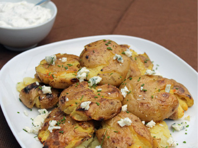 Grilled Smashed Potatoes with Blue Cheese and Chive Sauce Recipe | Blue Rhino