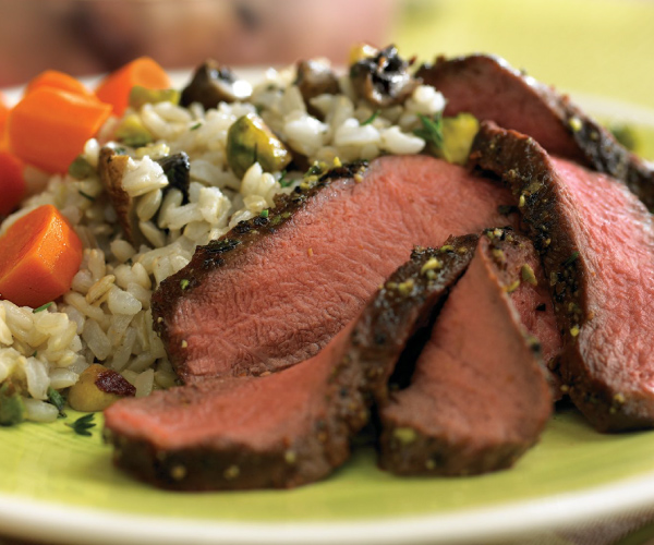 Grilled Flat Iron Steaks with Pistachio-Mushroom Rice Recipe | Blue Rhino