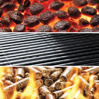 Closeup image of charcoal, gas grill cooking grates, and wood pellets.