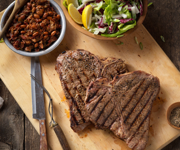 Rocky Mountain Grilled T-bone Steaks with Charro-Style Beans