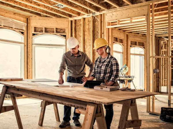 Man and woman standing at a constuction table reviewing plans inside a house being built.