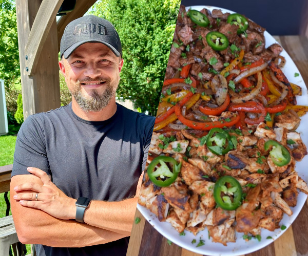 A picture of a man with beard on the left, with a picture of finished food on the right.