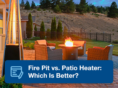 Outdoor propane patio heater and propane fire pit outside on a patio in the a backyard.