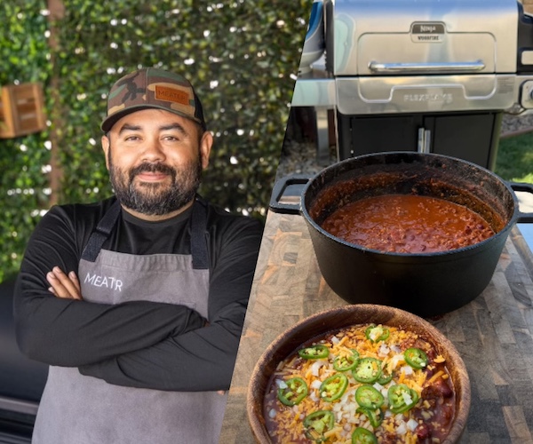 Man with bead on the left, with bowls with food and standup propane grill on the right.