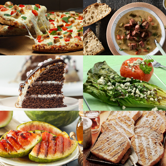 6 pictures of grilled food: Pizza, Soup, chocolate cake, grilled lettuce, grilled watermelon, grilled french toast.