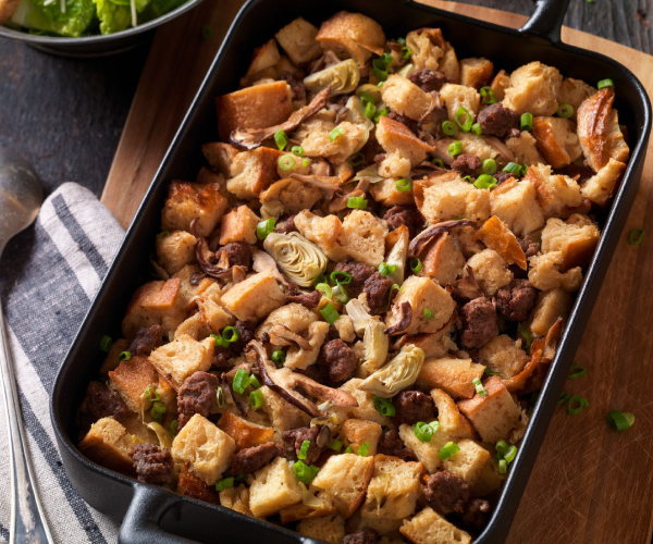 Beef Sausage, Wild Mushroom and Artichoke Bread Pudding Recipe