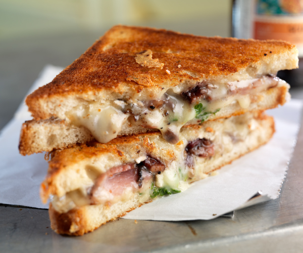 Bucheron Goat Cheese With Pork Pastrami Melt With Blueberry Bacon Jam