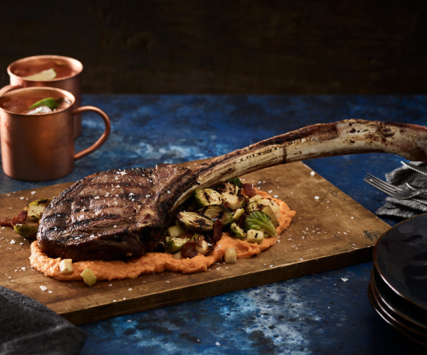 Tomahawk Steak with Grilled Brussel Sprouts and Sweet Potato Purée Recipe | Blue Rhino