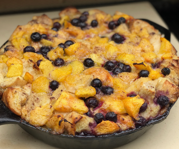 Skillet Peach & Blueberry Bourbon Bread Pudding Recipe