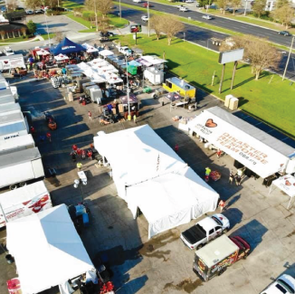 Arial view of the Operation BBQ Relief setup in a parking lot.