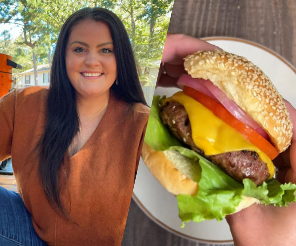 A picture of a woman with in an burnt orange shirt, with a picture of finished burger on the right.