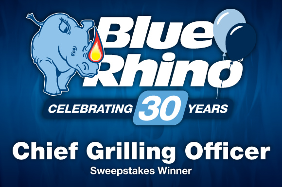 Blue Rhino 30th Anniversary Logo on a blue flame background.