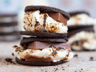 Two stacked chocolate cookies filled with a toasted marshmallow and chocolate sitting on a tan counter top.