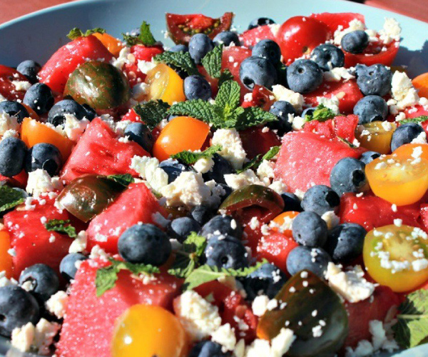 Finished recipe in a light blue bowl.