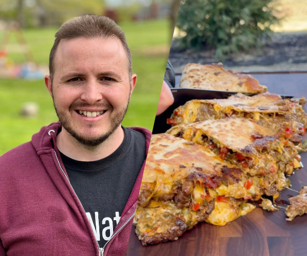 A picture of a man with beard on the left, with a picture of finished food on the right.