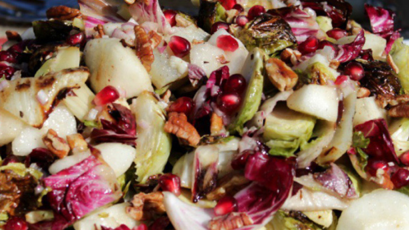 Closeup of a finished Brussels Holiday Salad with Maple Vinaigrette.