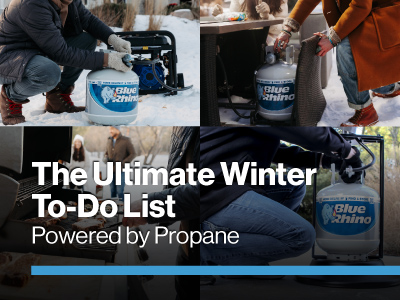 Four scenes of a propane tank being used outdoors during the winter.
